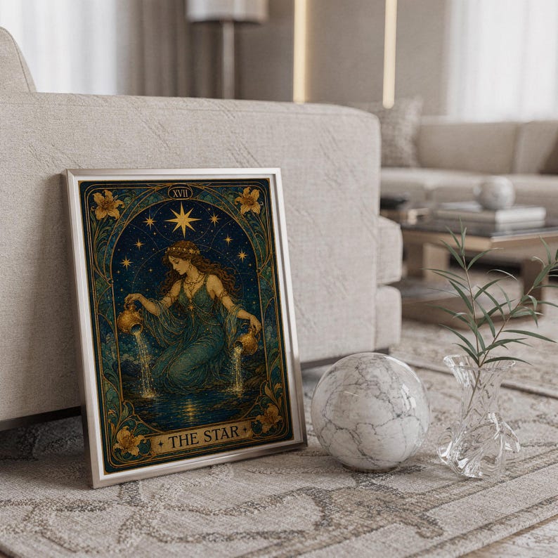 The star tarot card wall art print standing on a countertop in a modern white kitchen.