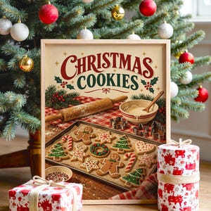 Christmas Cookies Wall Art, Vintage Kitchen Poster, Retro Holiday Baking Art Print, Festive Gingerbread Decor image 1