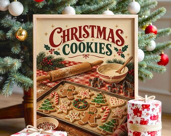 Può includere: Un cartello rettangolare con cornice in legno che riporta il testo "CHRISTMAS COOKIES" sopra un'illustrazione di una scena di pasticceria con mattarello, ciotola e una teglia di biscotti decorati a forma di omino e albero.