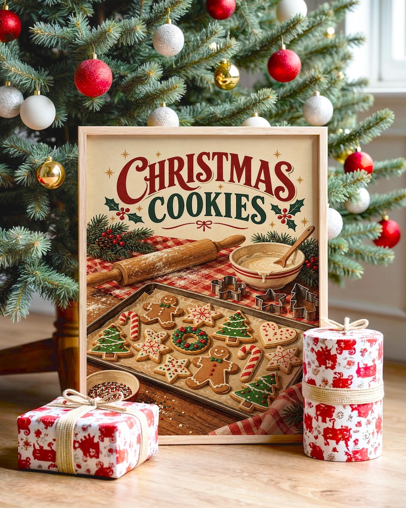 Christmas Cookies Wall Art, Vintage Kitchen Poster, Retro Holiday Baking Art Print, Festive Gingerbread Decor image 1