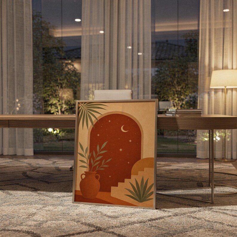 Terracotta moon and stars arch art print standing on a wooden desk in a home office in warm evening light.