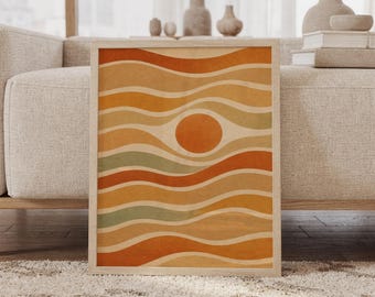 May include: A rectangular framed wall art print featuring a series of horizontal wavy lines in shades of burnt orange, mustard yellow, and muted sage green. A solid orange circle is positioned centrally within the wavy pattern design.