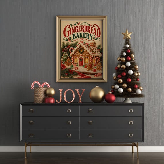 Gingerbread bakery christmas wall art print framed and displayed in a modern home interior.