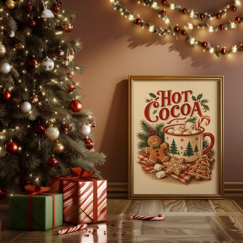 Hot Cocoa Christmas Wall Art, Vintage Gingerbread Cookie Kitchen Poster, Rustic Holiday Art Print zdjęcie 14