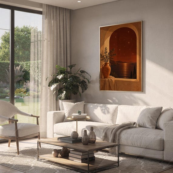 Mediterranean night sea wall art print hanging above a white sofa in a living room with garden views.