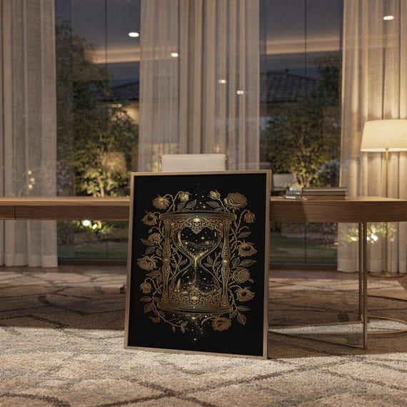 Gothic hourglass wall art print standing on a wooden desk in a home office in warm evening light.