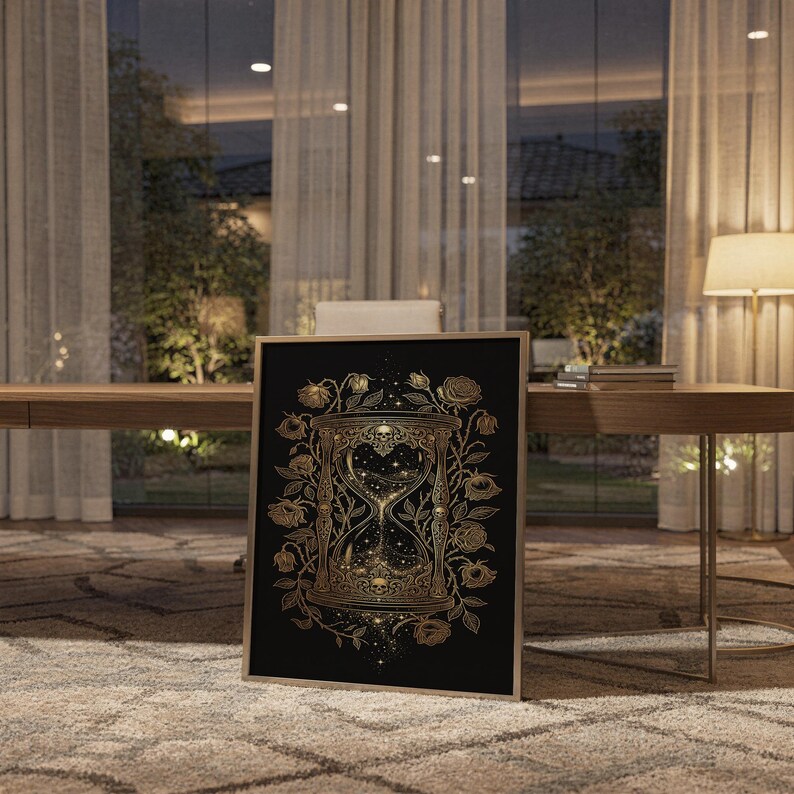 Gothic hourglass wall art print standing on a wooden desk in a home office in warm evening light.