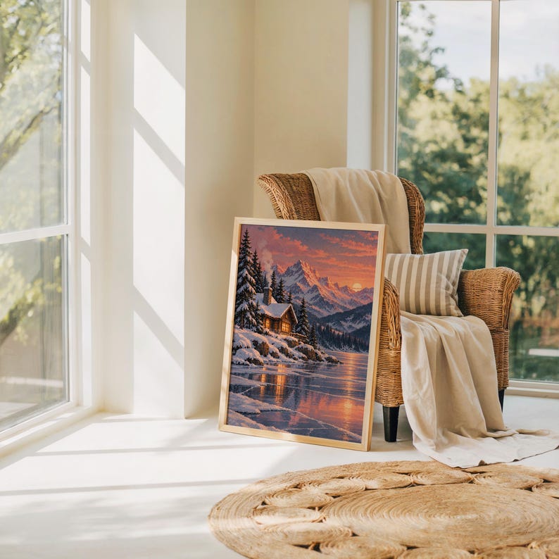 Winter cabin mountain wall art print leaning on the floor beside a rattan armchair and jute rug in a bright sunlit room.