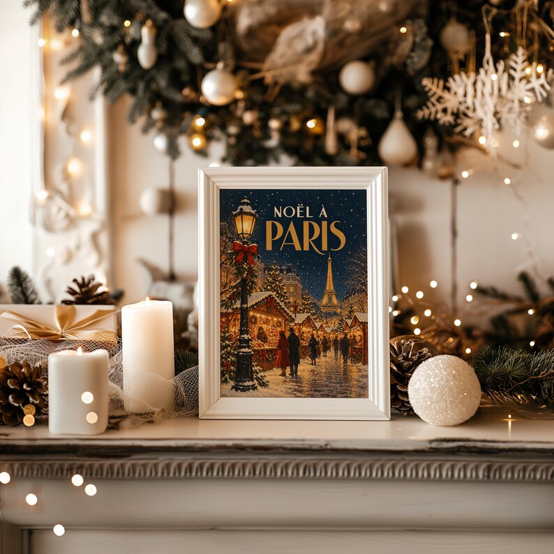 Wandbild „Pariser Weihnachtsmarkt“, Vintage-Weihnachtsplakat aus Frankreich, Kunstdruck „Eiffelturm im Winter“ Bild 15