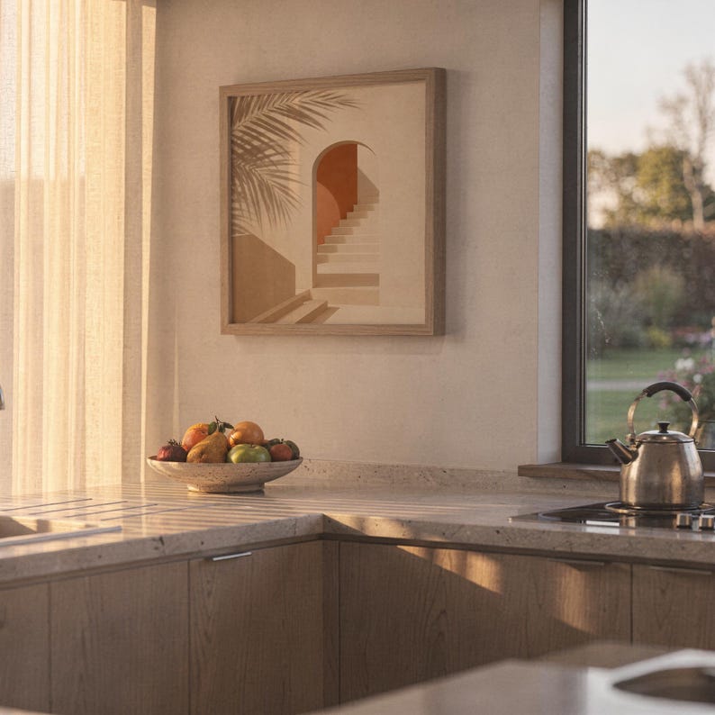 Warm neutral terracotta arch wall decor print hanging in bright kitchen area