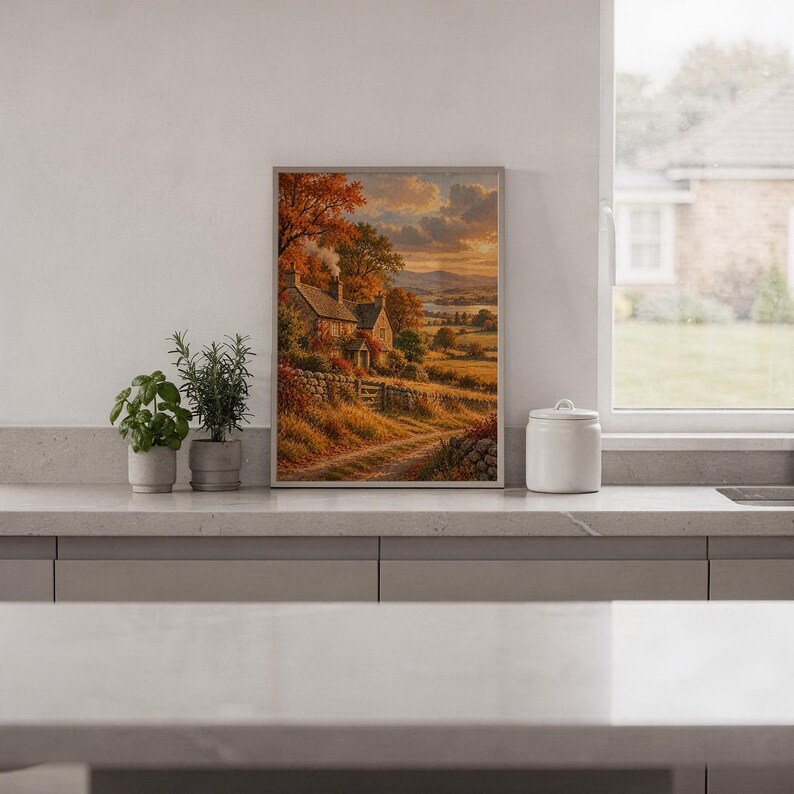 Autumn cottage landscape wall art print standing on a white kitchen counter beside potted herbs.
