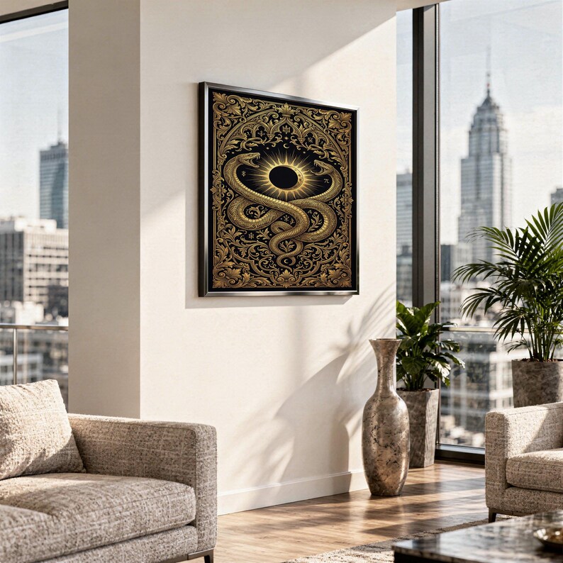 Occult snake wall art print standing on a white kitchen counter beside potted herbs.
