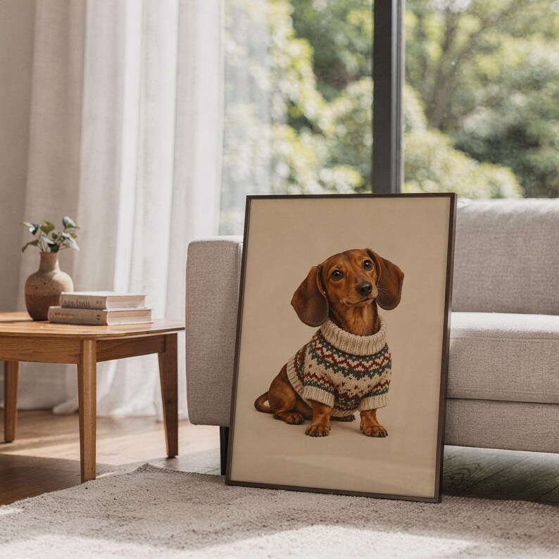 Dachshund sweater wall art print hanging above a light gray sofa in a modern living room with evening city views through tall windows.