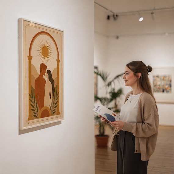 A young woman in an art gallery admiring a framed bohemian couple wall art print displayed on a clean white exhibition wall.