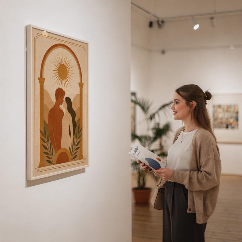 A young woman in an art gallery admiring a framed bohemian couple wall art print displayed on a clean white exhibition wall.