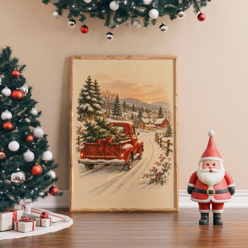 Vintage Red Truck Christmas Wall Art, Snowy Farmhouse Winter Poster, Holiday Tree Art Print zdjęcie 5