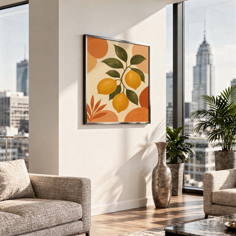 Lemon branch botanical print hanging above a stone countertop with a fruit bowl in a sunny kitchen.