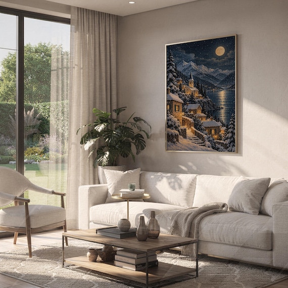 Snowy mountain village wall art print hanging above a white sofa in a living room with garden views.