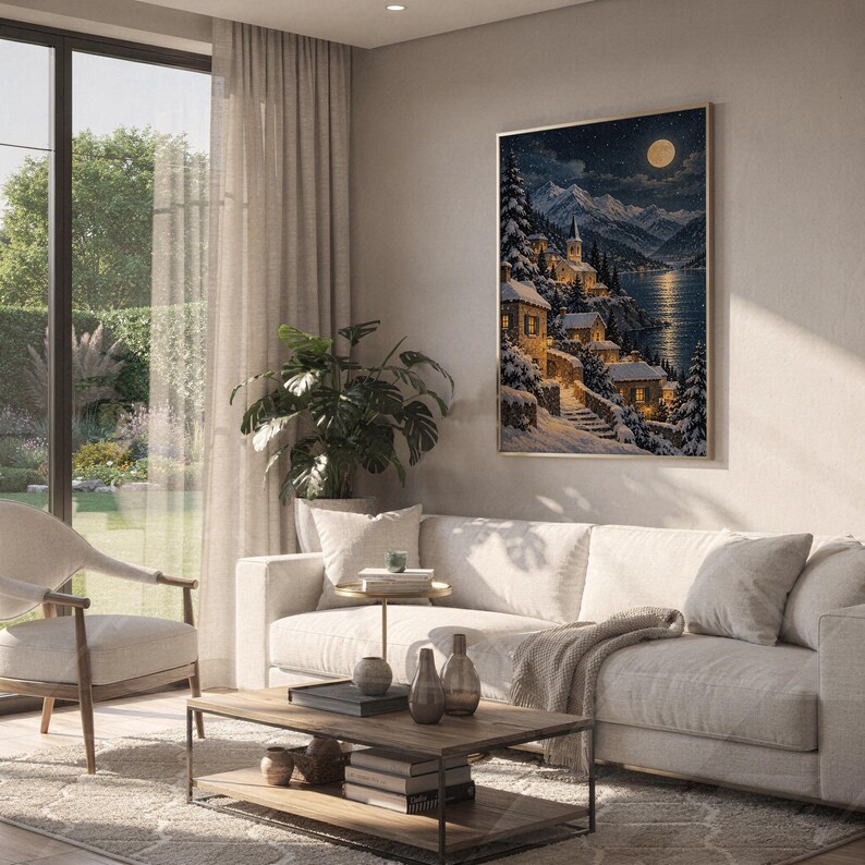Snowy mountain village wall art print hanging above a white sofa in a living room with garden views.