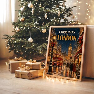Decorazione murale "Natale a Londra", poster di viaggio vintage, stampa del Big Ben e del bus rosso. immagine 5