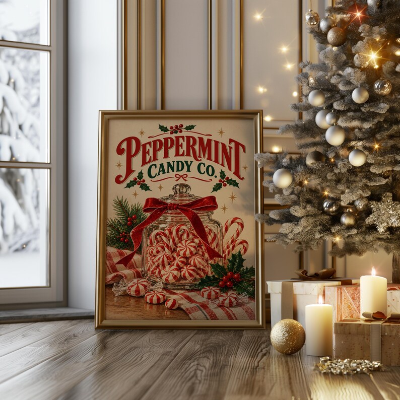 Peppermint Candy Wall Art, Vintage Christmas Kitchen Decor, Retro Holiday Art Print, Red Green Poster image 11
