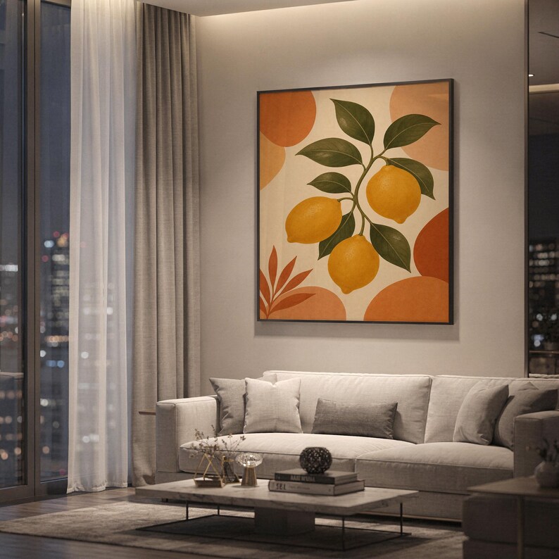 Lemon branch botanical print showing a lemon branch with golden yellow lemons and olive green leaves on a cream background with terracotta shapes, hanging above a light gray sofa in a modern living room with evening city views through tall windows.