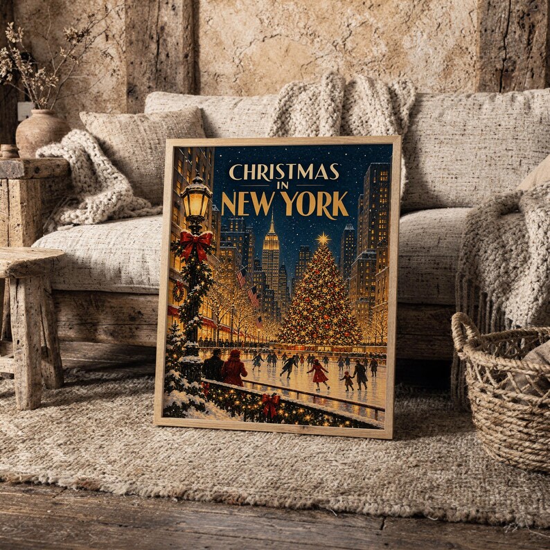 Christmas in New York Wall Art, Vintage NYC Holiday Cityscape Poster, Rockefeller Tree Ice Skating Art Print Bild 8
