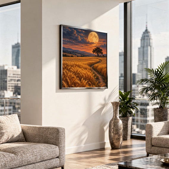 Moon wall art print hanging in a high-rise apartment living room with a city skyline view.