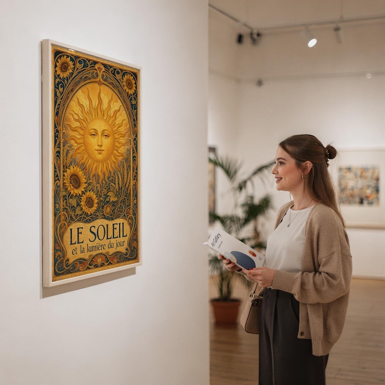 Art nouveau sunflower wall art print hanging above a dark wood console and jute rug in a warm neutral interior.