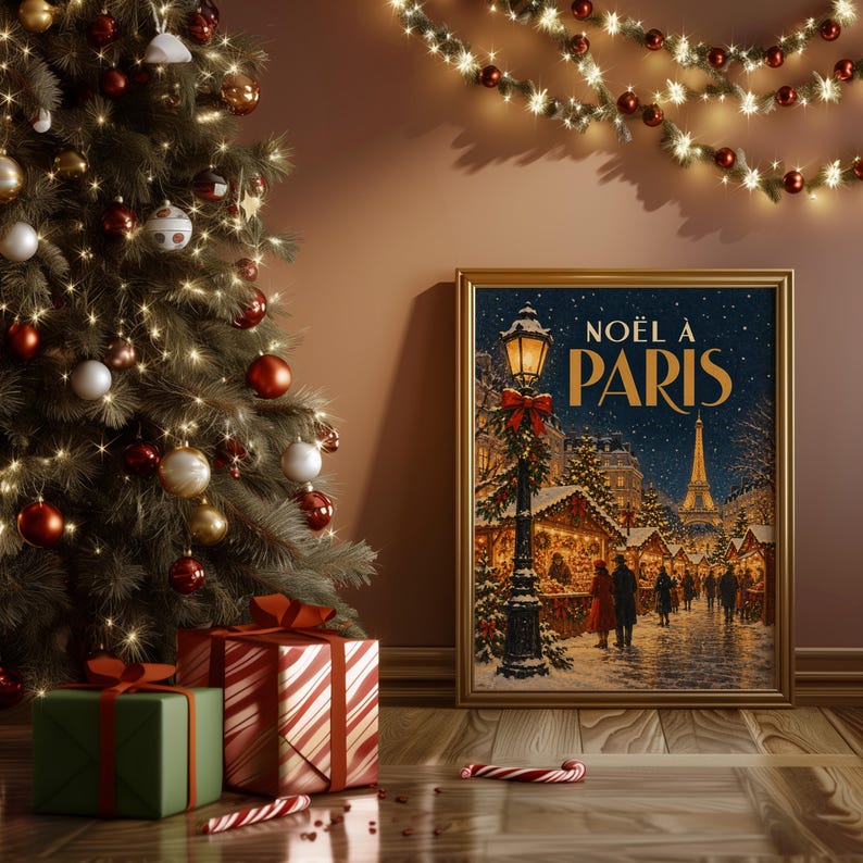Wandbild „Pariser Weihnachtsmarkt“, Vintage-Weihnachtsplakat aus Frankreich, Kunstdruck „Eiffelturm im Winter“ Bild 12