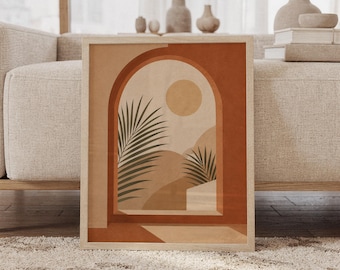 Könnte beinhalten: Ein rechteckiger gerahmter Wandkunstdruck mit einer grafischen Darstellung eines Torbogens, der auf eine Landschaft mit Sonne, sanften Hügeln und Palmwedeln in Terrakotta-, Beige- und Dunkelgrüntönen blickt, in einem hellen Holzrahmen.