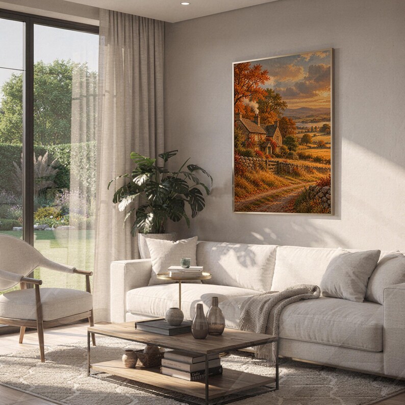 Autumn cottage landscape wall art print hanging above a white sofa in a living room with garden views.