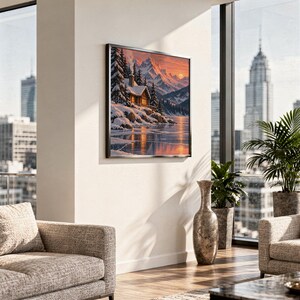 Winter cabin mountain wall art print hanging in a high-rise apartment living room with a city skyline view.
