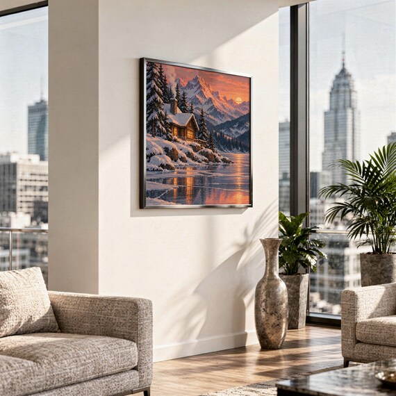 Winter cabin mountain wall art print hanging in a high-rise apartment living room with a city skyline view.