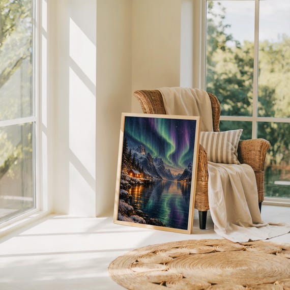 Aurora borealis mountain landscape wall art print leaning on the floor beside a rattan armchair and jute rug in a bright sunlit room.