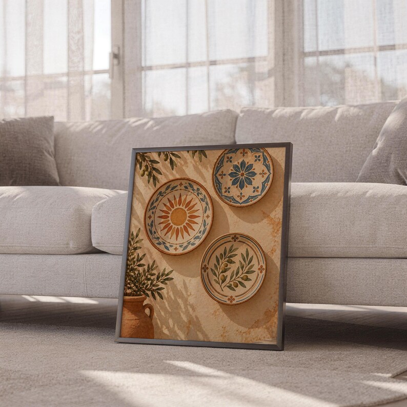 Mediterranean ceramic plate wall art print leaning against a white sofa in a bright living room with sheer curtains.