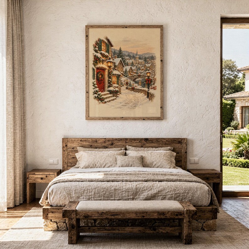 Christmas Village Wall Art, Vintage Winter Town Poster, Snowy Cottage Holiday Art Print, Cozy Rustic Decor image 15