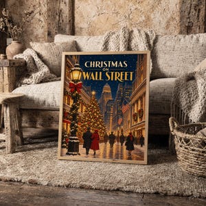 Christmas on Wall Street Vintage Wall Art, New York City Holiday Poster, Retro Winter Art Print image 7