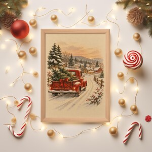 Vintage Red Truck Christmas Wall Art, Snowy Farmhouse Winter Poster, Holiday Tree Art Print zdjęcie 9