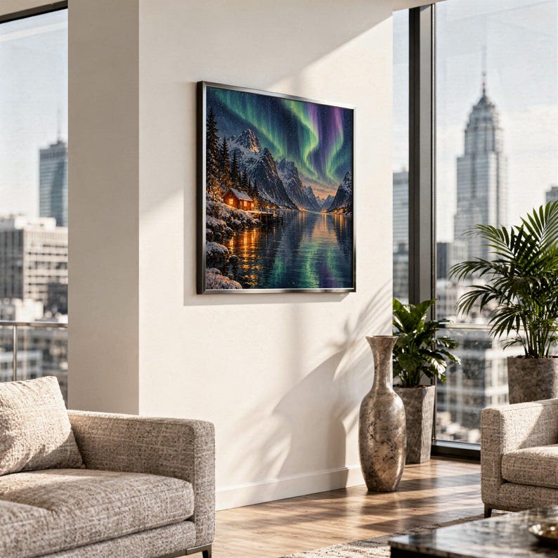 Aurora borealis mountain landscape wall art print hanging in a high-rise apartment living room with a city skyline view.