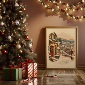 Christmas Village Wall Art, Vintage Winter Town Poster, Snowy Cottage Holiday Art Print, Cozy Rustic Decor image 13