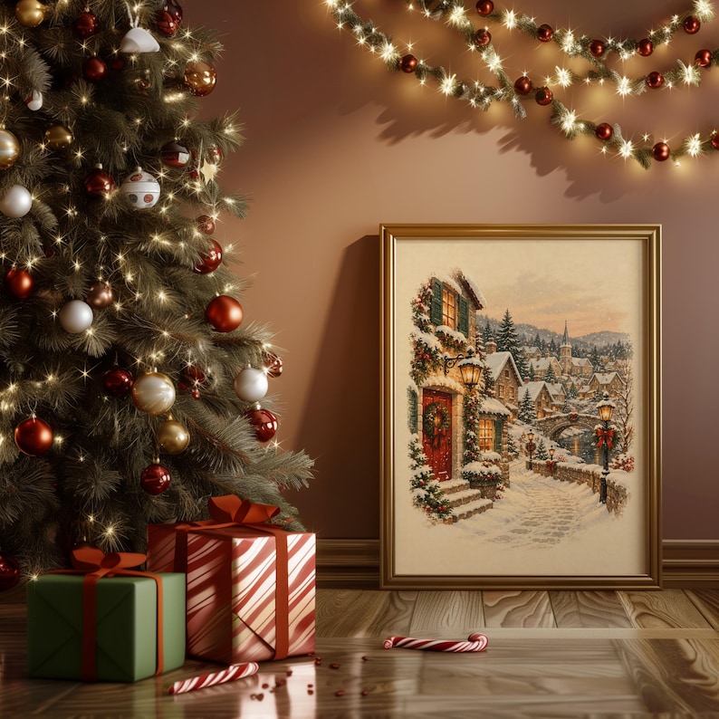 Christmas Village Wall Art, Vintage Winter Town Poster, Snowy Cottage Holiday Art Print, Cozy Rustic Decor image 13