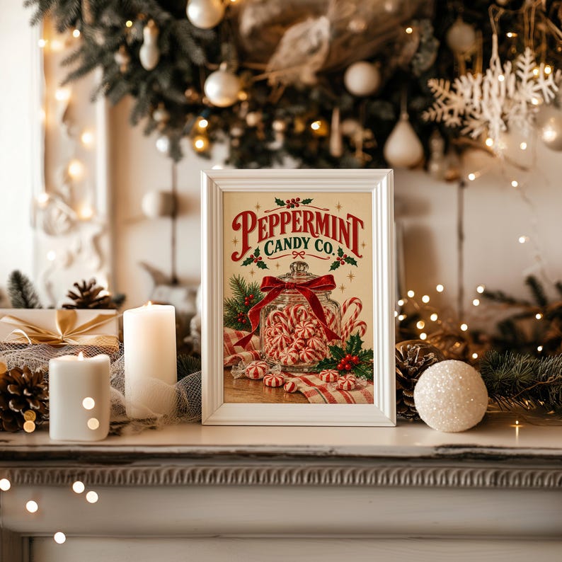 Peppermint Candy Wall Art, Vintage Christmas Kitchen Decor, Retro Holiday Art Print, Red Green Poster image 16