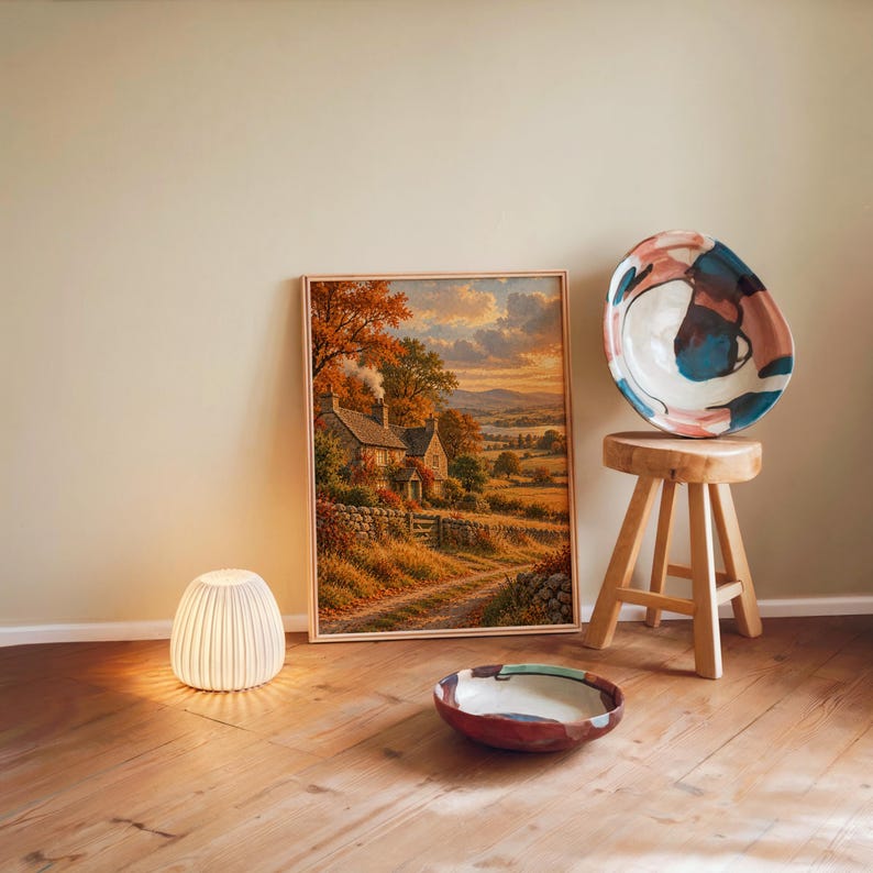 Autumn cottage landscape wall art print leaning against a warm beige wall on a wooden floor beside a stool and a glowing lamp.