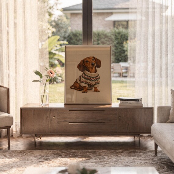 Dachshund sweater wall art print framed and displayed in a modern home interior.