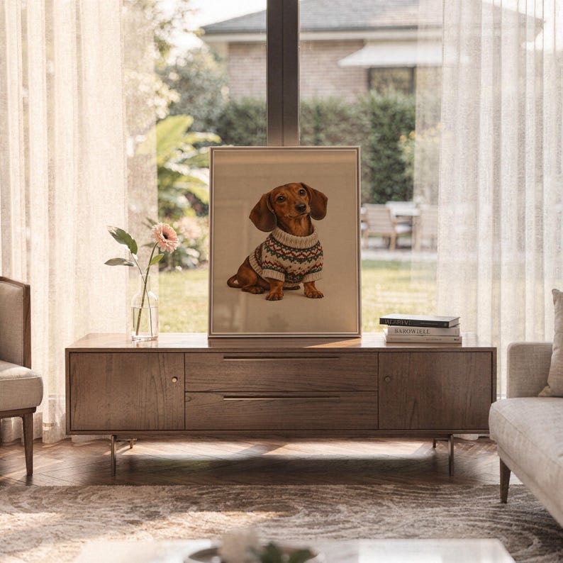Dachshund sweater wall art print framed and displayed in a modern home interior.