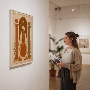 Woman admiring a vertical framed terracotta arch art print displayed on a gallery wall under soft gallery lighting.
