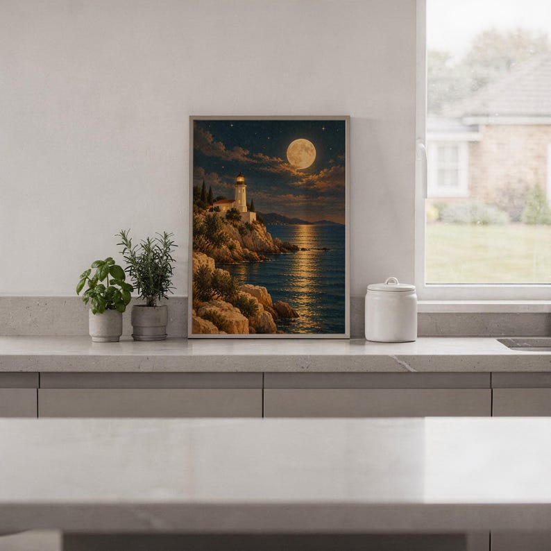 Moonlit lighthouse wall art print standing on a white kitchen counter beside potted herbs.