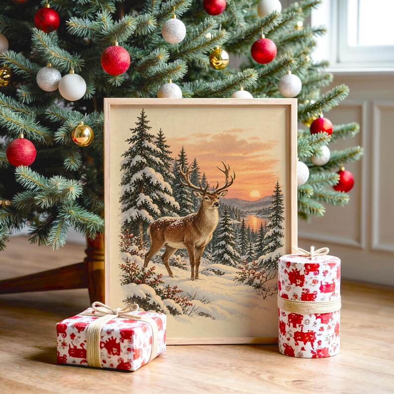 Winter Deer Wall Art, Snowy Forest Sunset Wildlife Art Print, Rustic Cabin Poster Bild 2