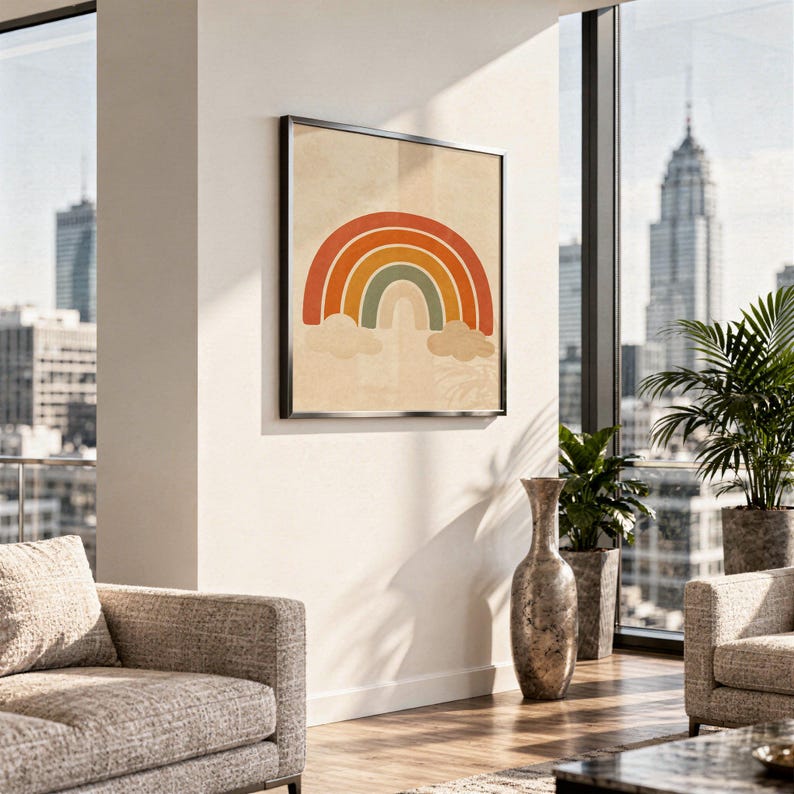 Boho earth tone rainbow print standing on a white kitchen counter beside potted herbs.